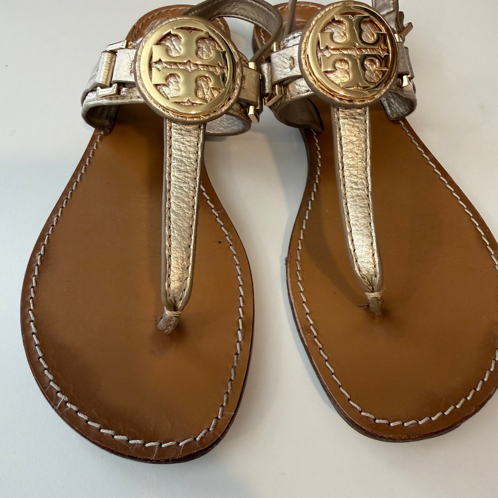 Tory Burch Miller Miller Metallic Gold Leather Slingback Thong Sandals Womens 8M